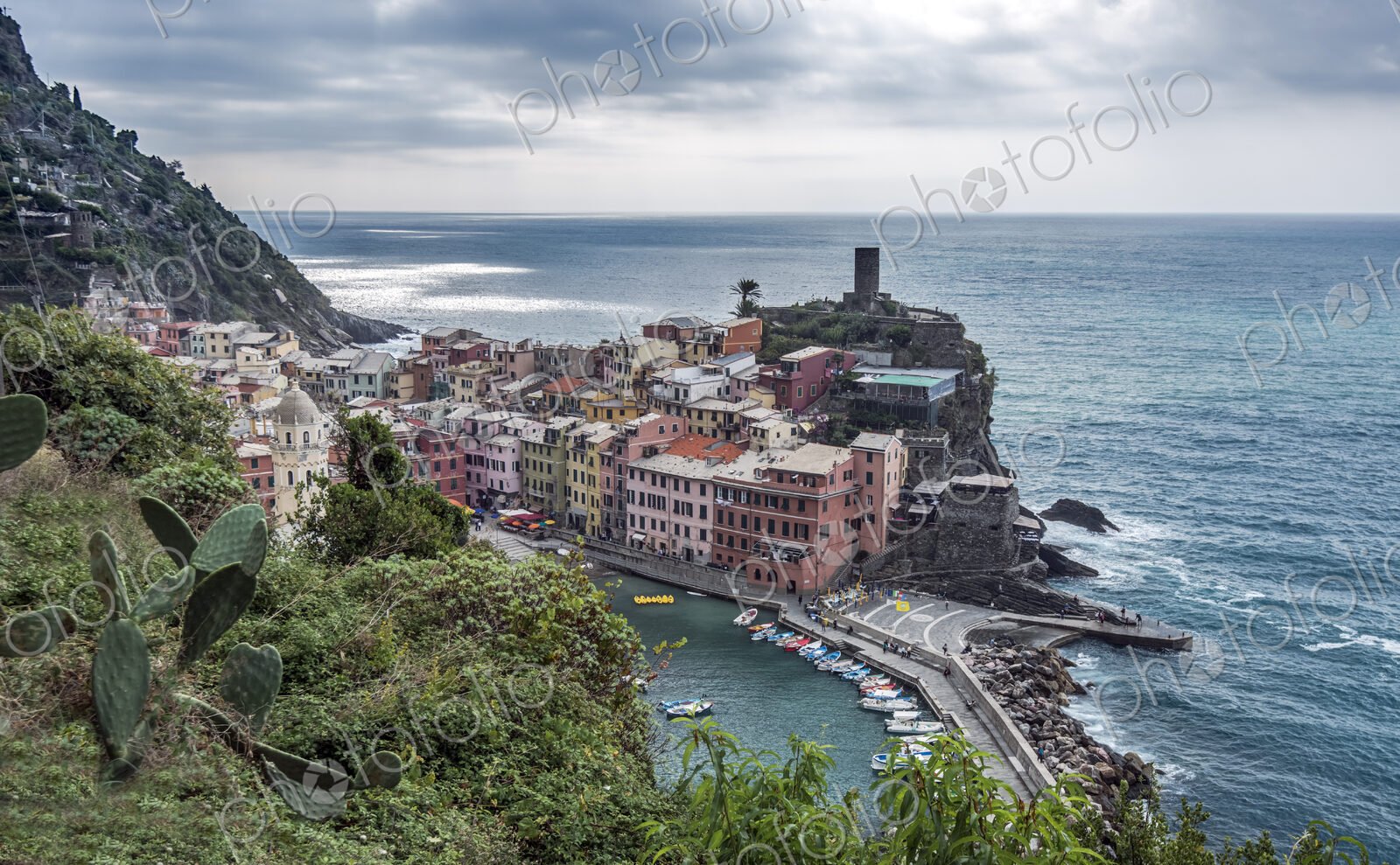 High angle view of Vernazza cityscape and ocean, La Spezia, Italy