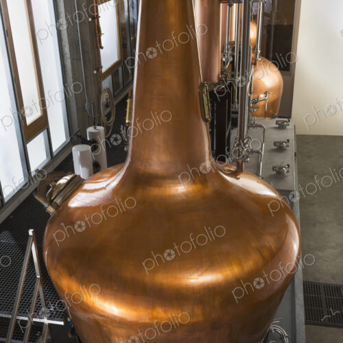 High angle view of a copper still in a distillery, Washington, USA.