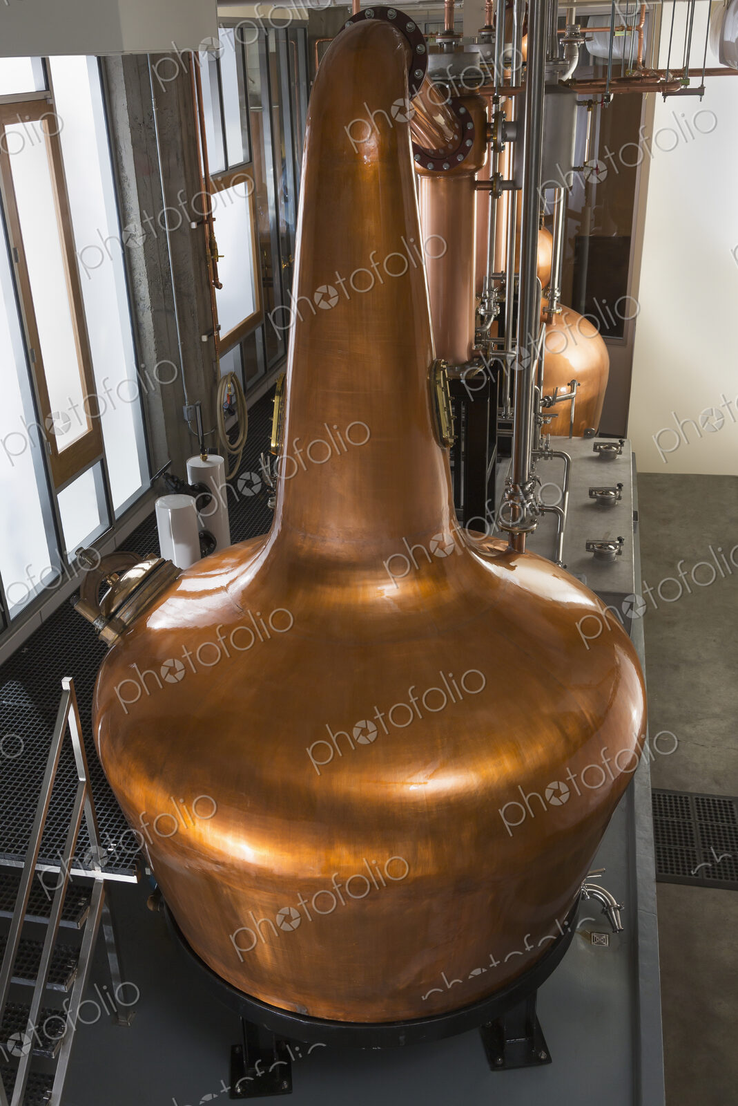 High angle view of a copper still in a distillery, Washington, USA.