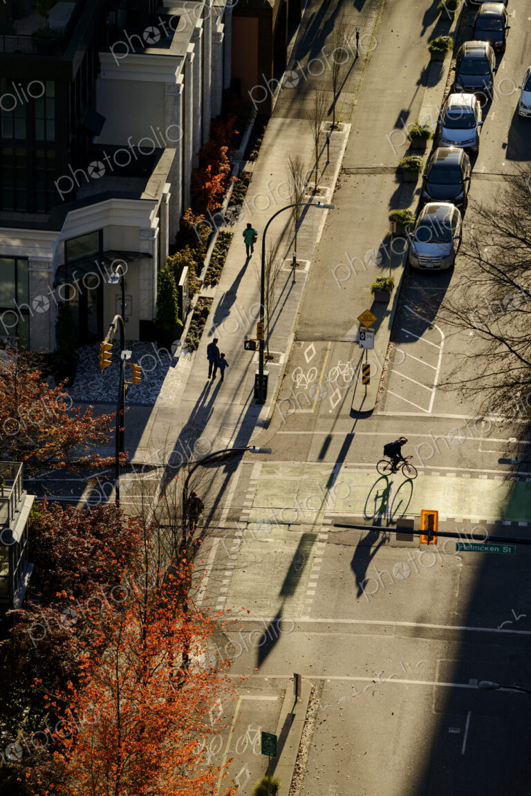 High angle view of bicyclist in city intersection