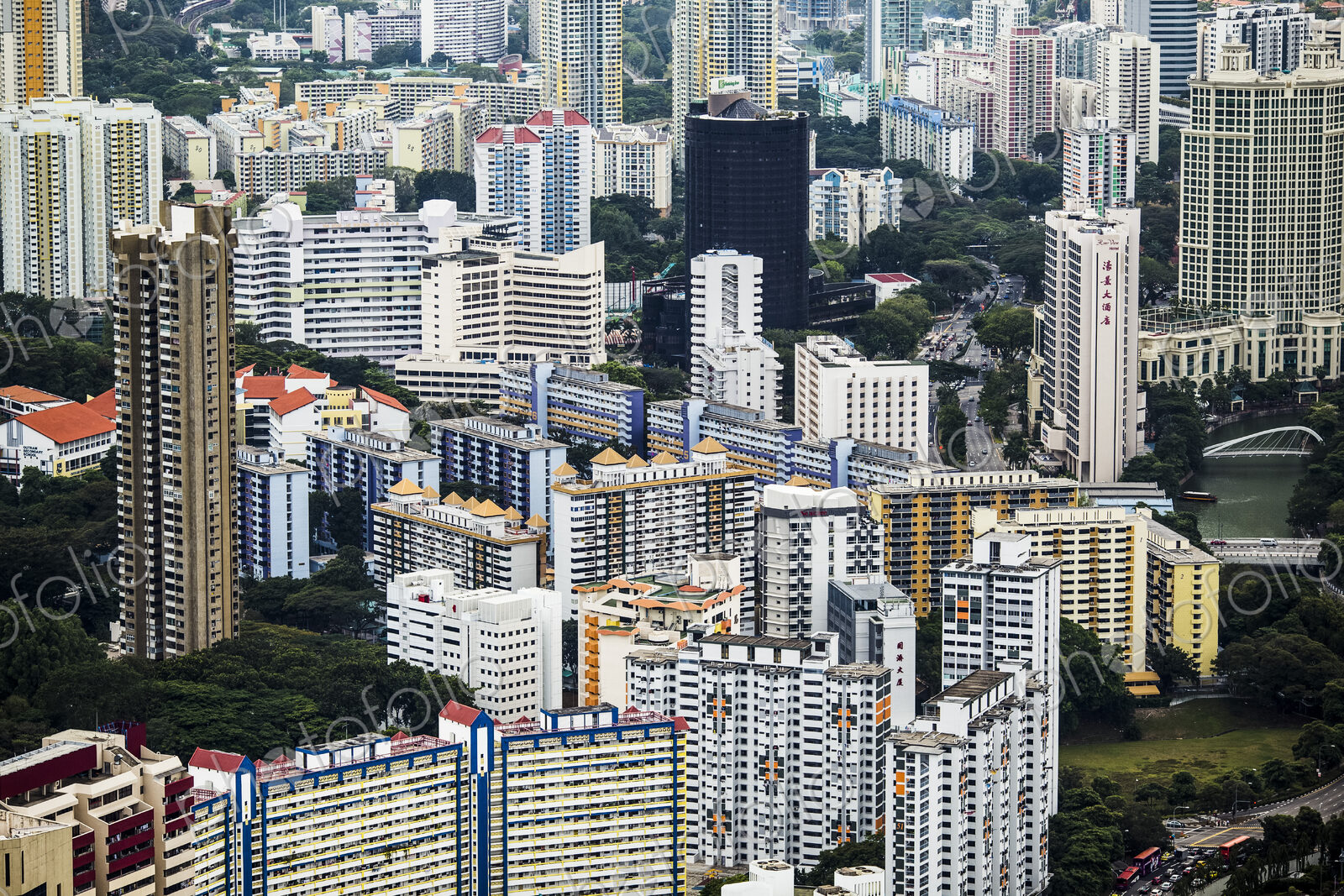 High angle view of cityscape with tall skyscrapers.