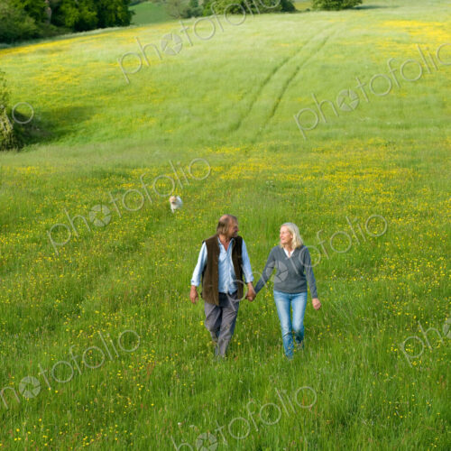 High angle view of man and woman walking hand in hand across a meadow.