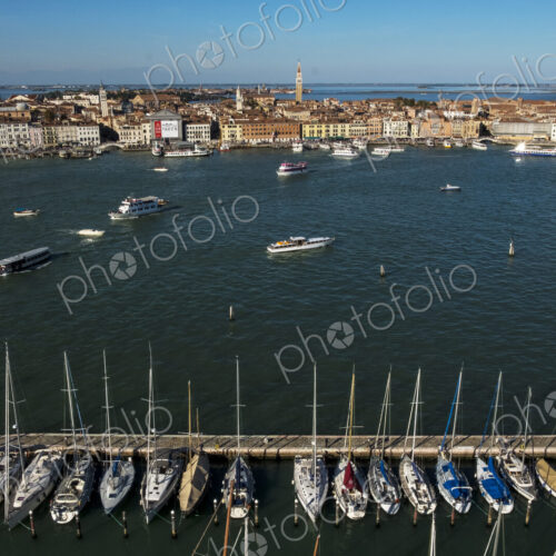 High angle view of the Canale Grande in Venice, Veneto, Italy, with gondolas moored in…