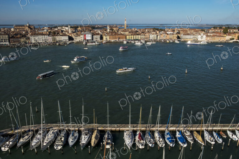 High angle view of the Canale Grande in Venice, Veneto, Italy, with gondolas moored in…