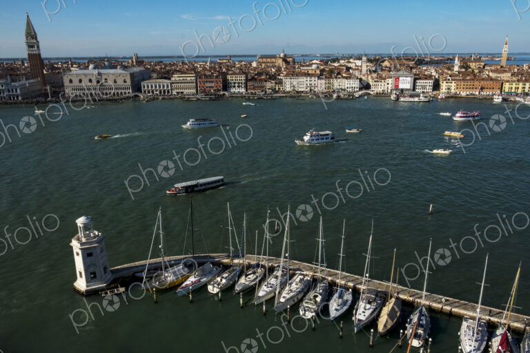 High angle view of the Canale Grande in Venice, Veneto, Italy, with gondolas moored in…