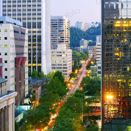 High angle view of traffic in downtown Portland, Oregon, United States