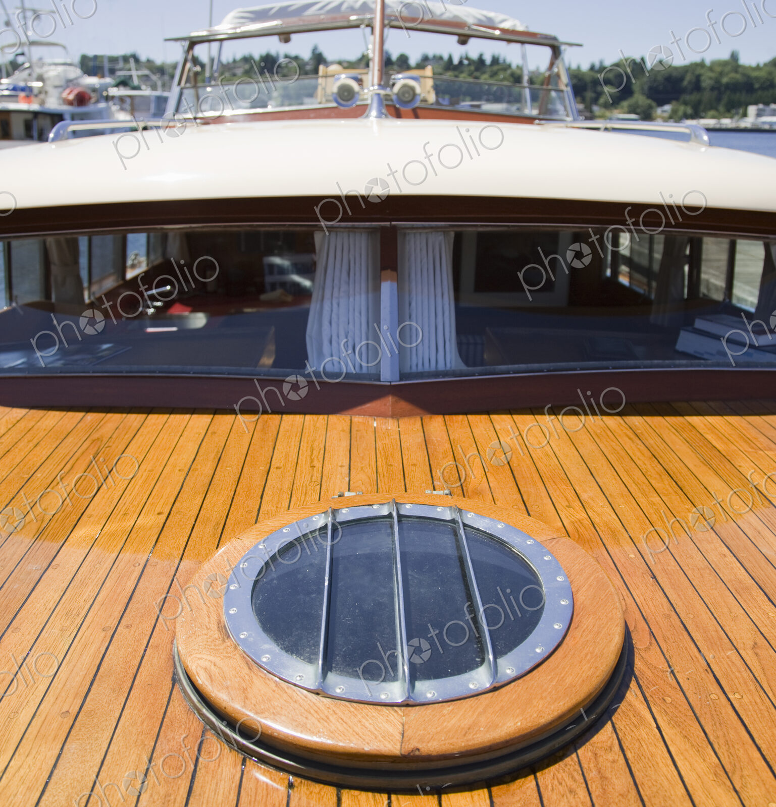 High angle view of yacht deck and windows