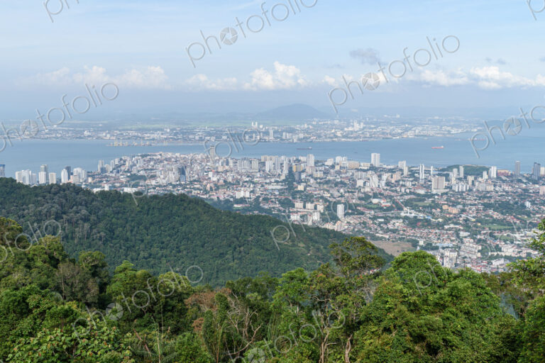 High angle view over Georgetown, Penang, Malaysia.