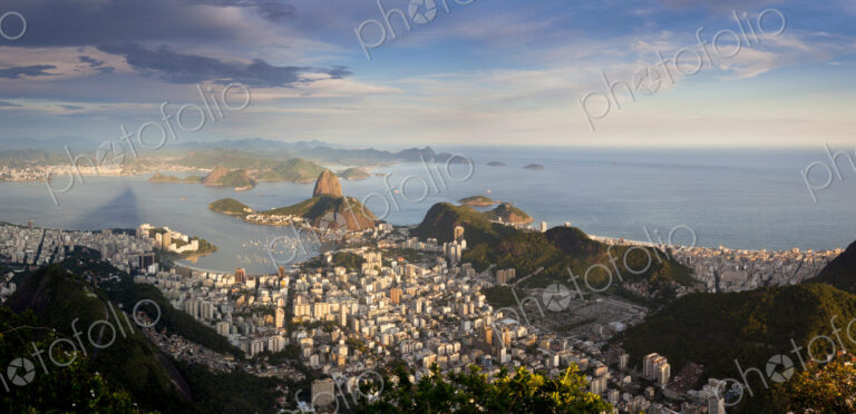 High angle view over Sugarloaf mountain in Guanabara Bay, Rio de Janeiro, Brazil.