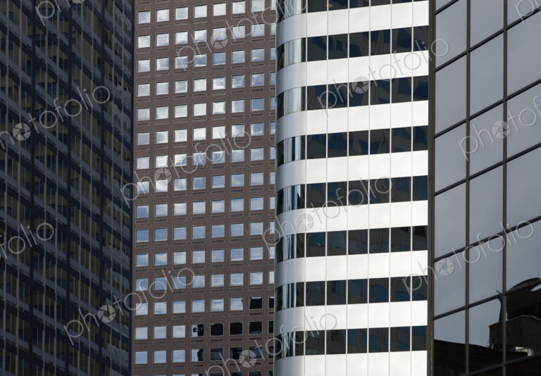 High rise modern architecture, buildings in downtown Denver, window patterns.
