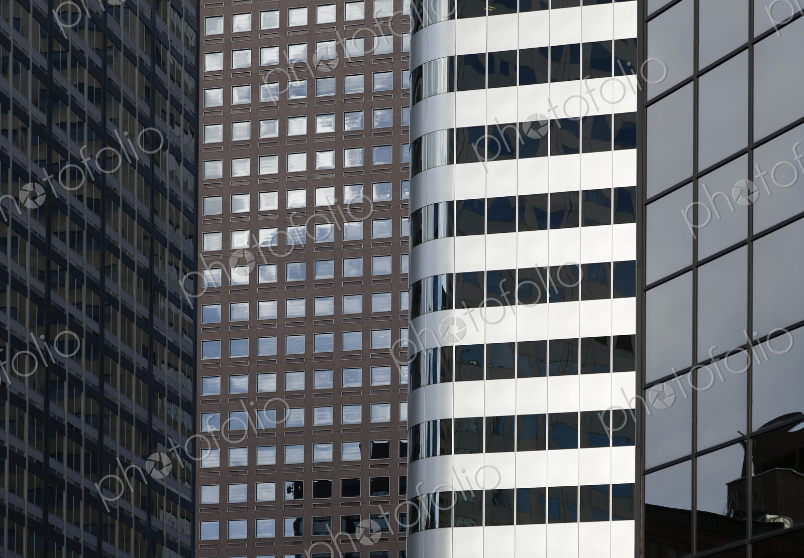 High rise modern architecture, buildings in downtown Denver, window patterns.