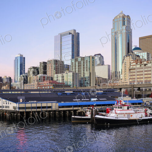 Highrise buildings in Seattle cityscape on waterfront, Washington, United States Highrise buildings in Seattle cityscape on waterfront, Washington, United States