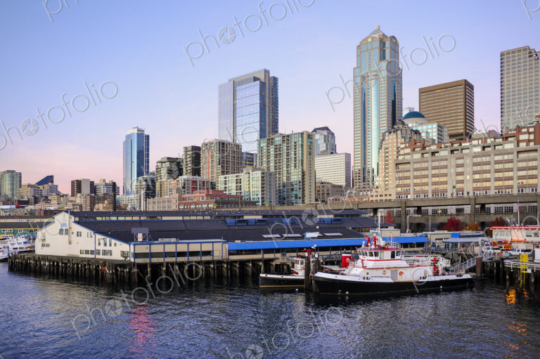 Highrise buildings in Seattle cityscape on waterfront, Washington, United States