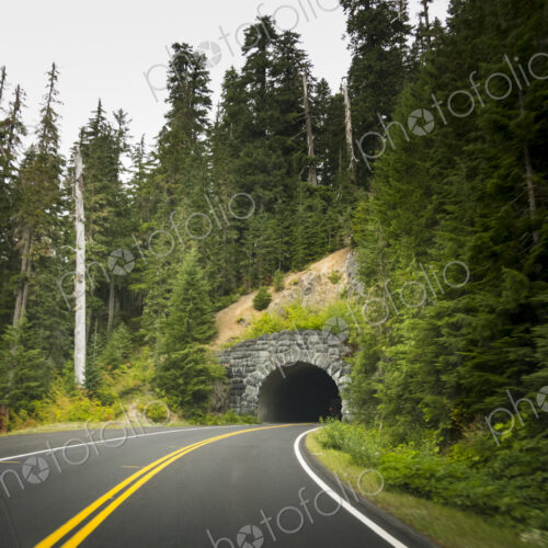 Highway 120 leading into a stone highway tunnel, Mount Rainier National Park,