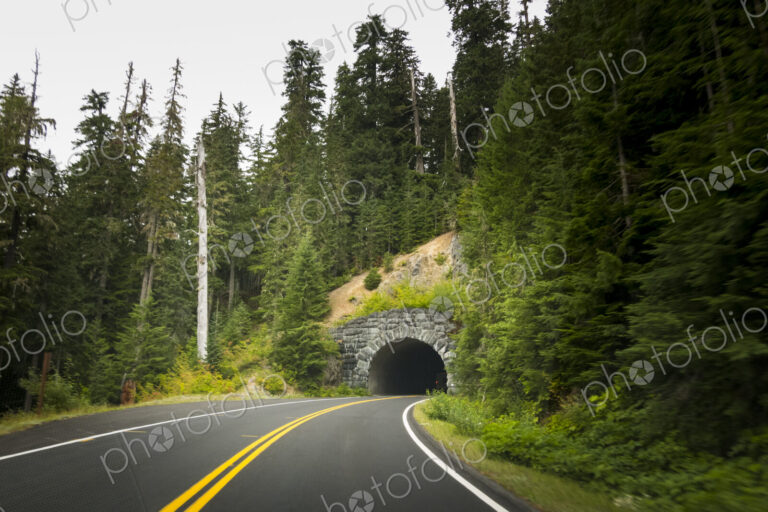Highway 120 leading into a stone highway tunnel, Mount Rainier National Park,