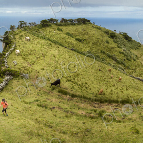 Hiker walking on hilltop path in rural landscape Hiker walking on hilltop path in rural landscape