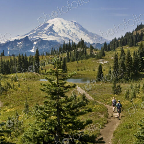 Hikers on remote trail overlooking Mt Rainier, Washington, United States Hikers on remote trail overlooking Mt Rainier, Washington, United States