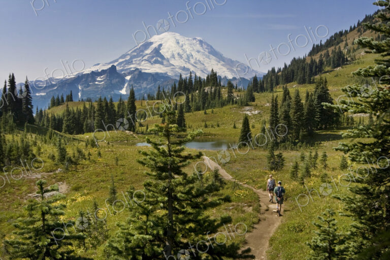 Hikers on remote trail overlooking Mt Rainier, Washington, United States