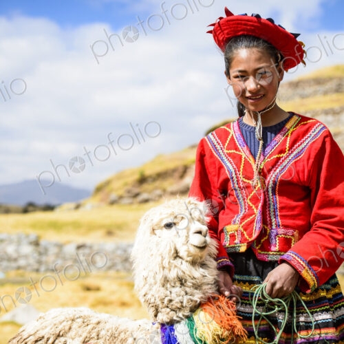 Hispanic girl walking llama in rural landscape Hispanic girl walking llama in rural landscape