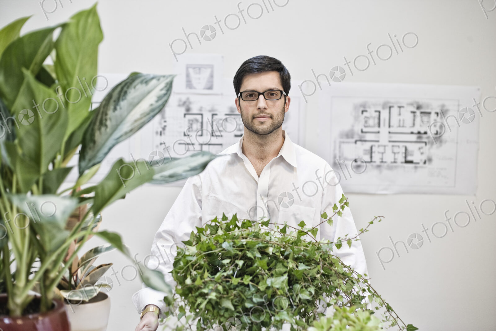 Hispanic man standing in an architect’s office near large office plants.