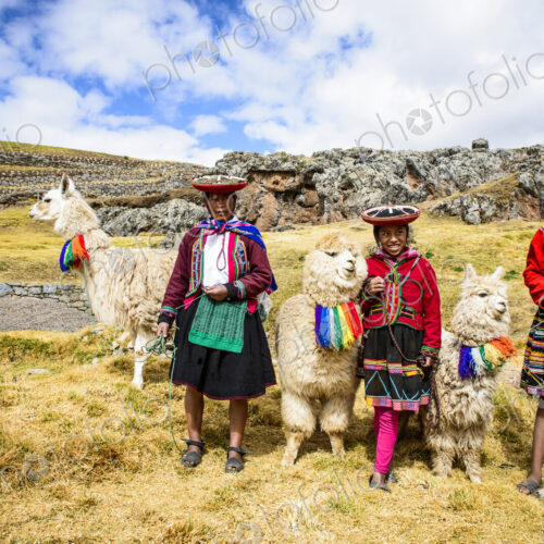 Hispanic mother and children standing with llamas in rural landscape Hispanic mother and children standing with llamas in rural landscape