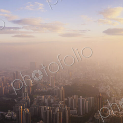 Hong Kong at sunrise with mist.
