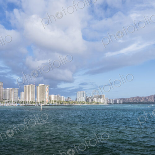Honolulu city skyline over ocean, Hawaii, United States Honolulu city skyline over ocean, Hawaii, United States