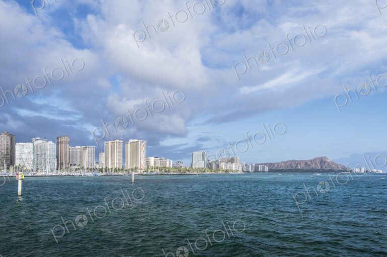 Honolulu city skyline over ocean, Hawaii, United States