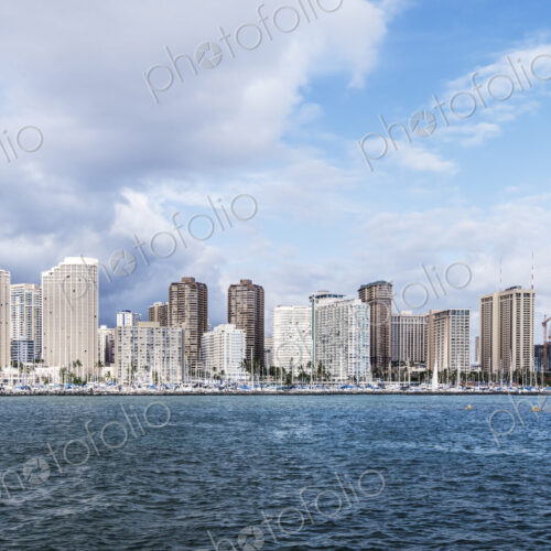Honolulu city skyline over ocean, Hawaii, United States Honolulu city skyline over ocean, Hawaii, United States