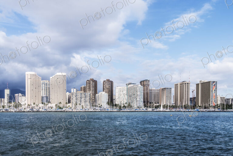 Honolulu city skyline over ocean, Hawaii, United States