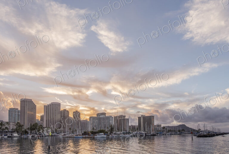 Honolulu city skyline over ocean, Hawaii, United States