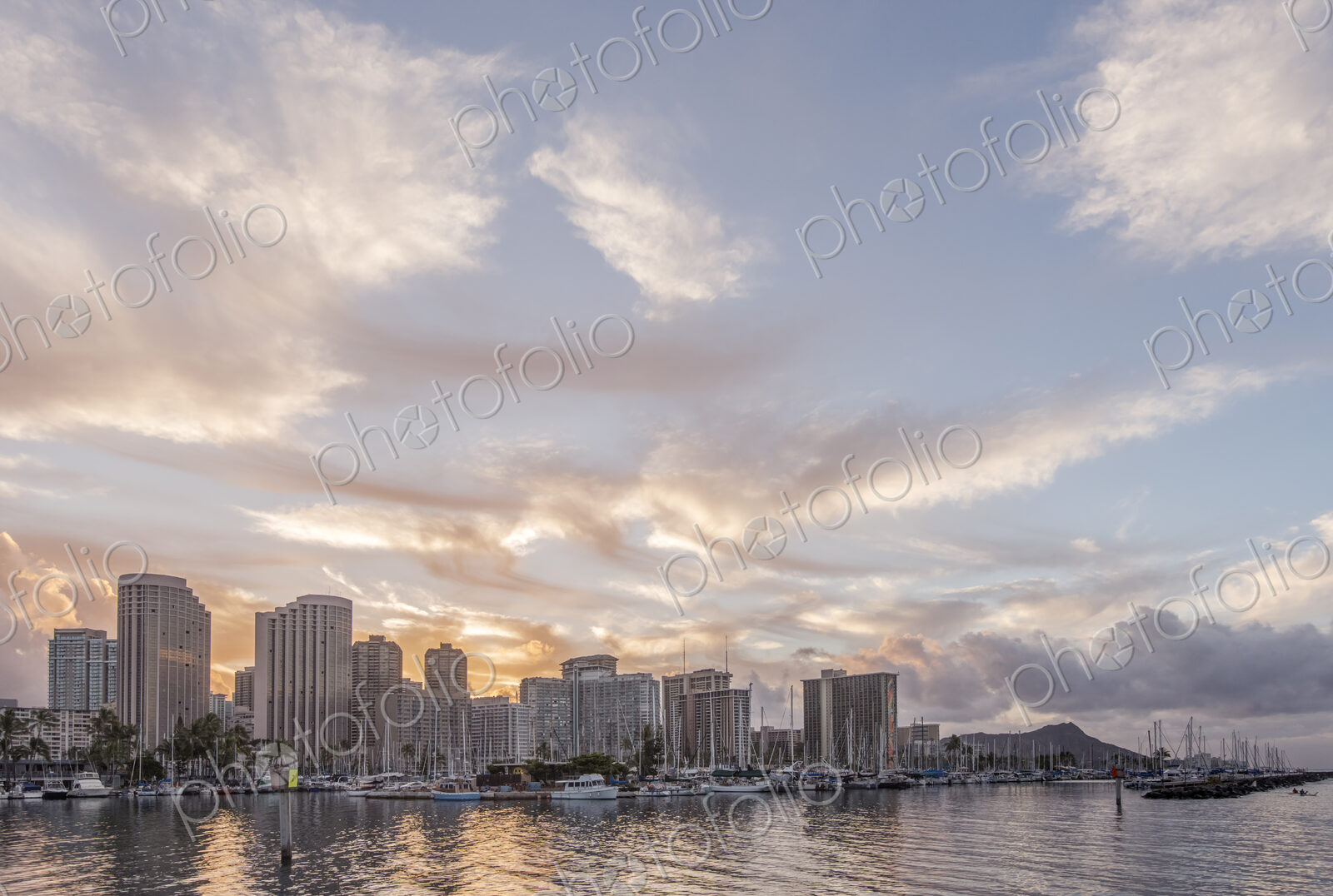 Honolulu city skyline over ocean, Hawaii, United States