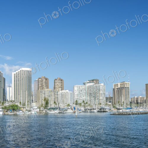 Honolulu city skyline over ocean, Hawaii, United States Honolulu city skyline over ocean, Hawaii, United States