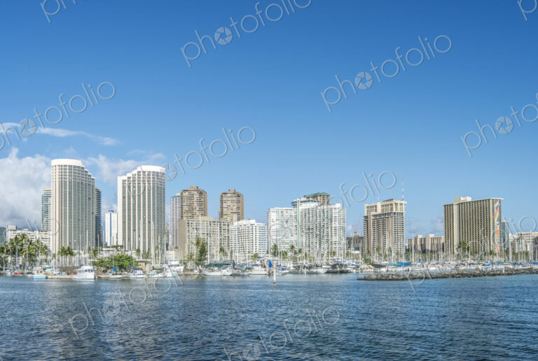 Honolulu city skyline over ocean, Hawaii, United States