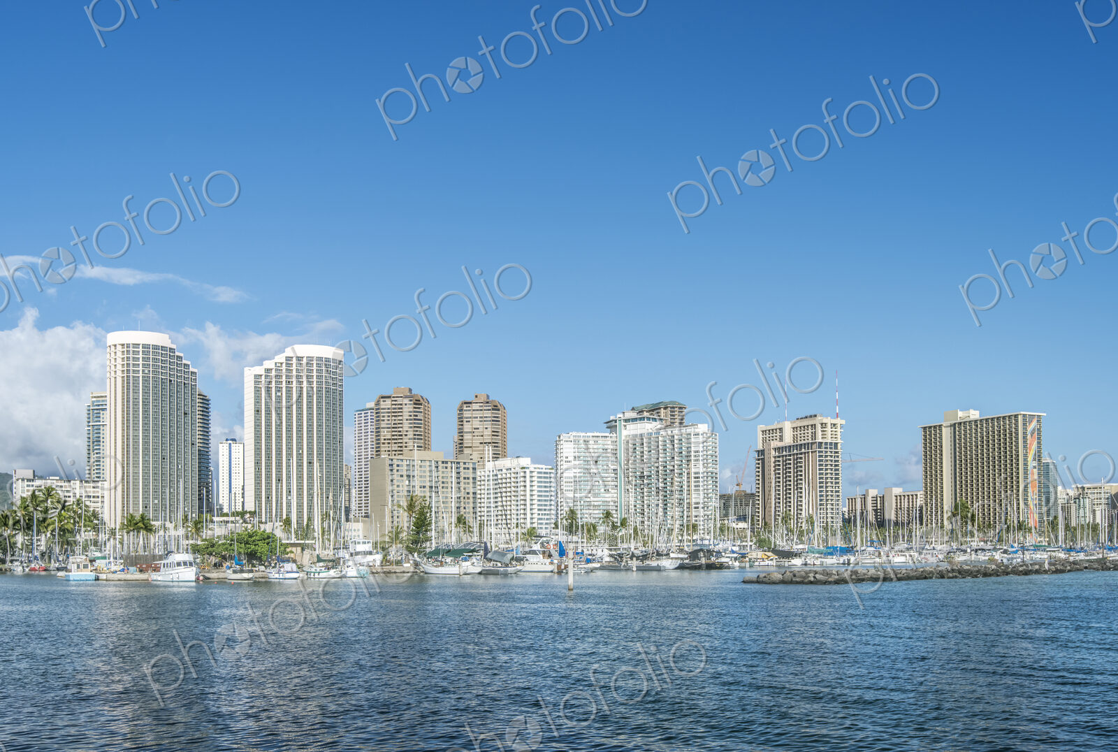 Honolulu city skyline over ocean, Hawaii, United States