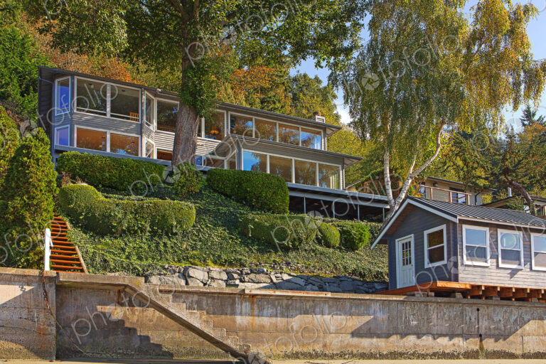 Houses on hillside at waterfront