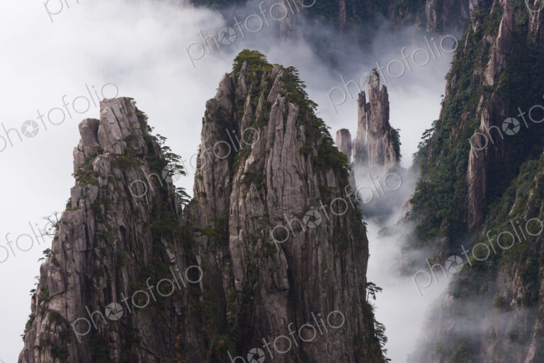 Huang Shan, which means Yellow Mountain. Anhui Provice in China. Jagged rock towers.