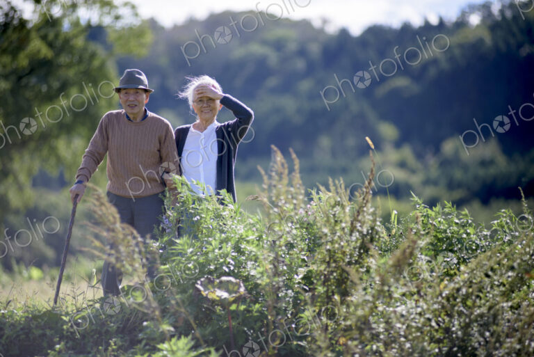 Husband and wife, elderly man wearing hat and using walking stick and elderly woman…