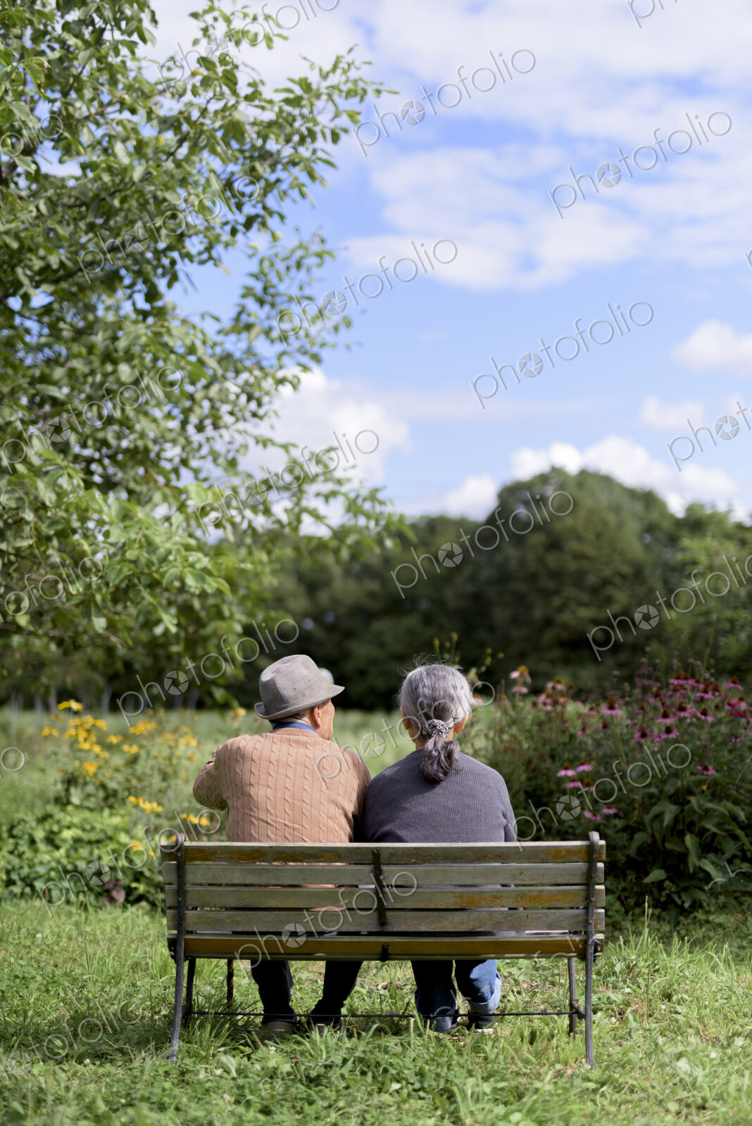 Husband and wife, rear view of elderly man wearing hat and woman sitting side by side…