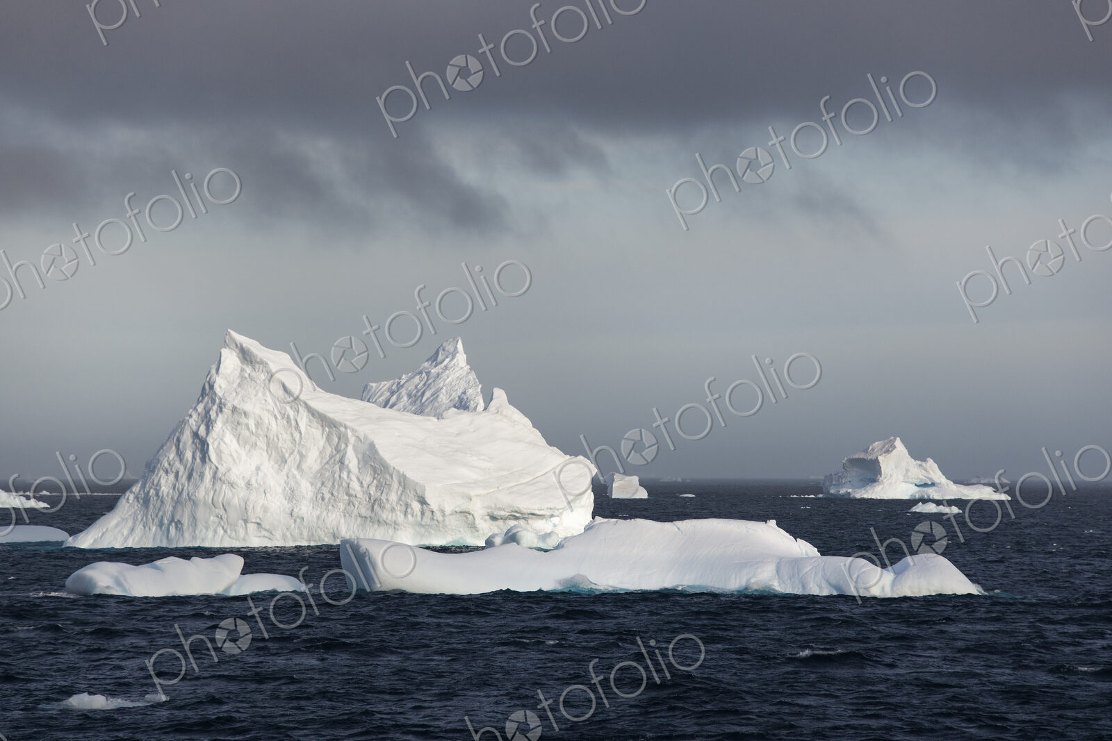 Icebergs on the waters of the Southern Ocean.