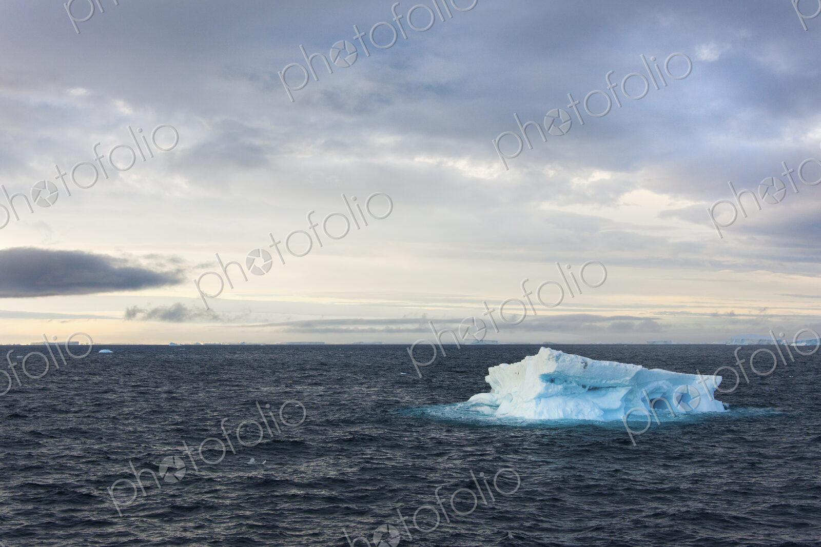 Icebergs on the waters of the Weddell Sea in the Southern Ocean.