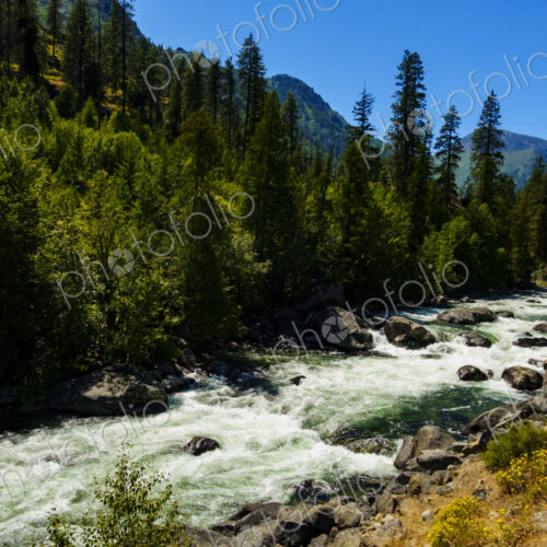 Icicle Creek, a view of the white water flowing down over rocks in a gorge.