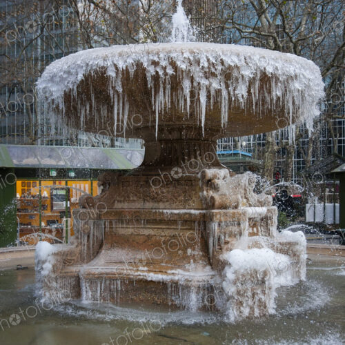 Icicles suspended from the frozen Josephine Shaw Lowell Memorial Fountain in Bryant… Icicles suspended from the frozen Josephine Shaw Lowell Memorial Fountain in Bryant…