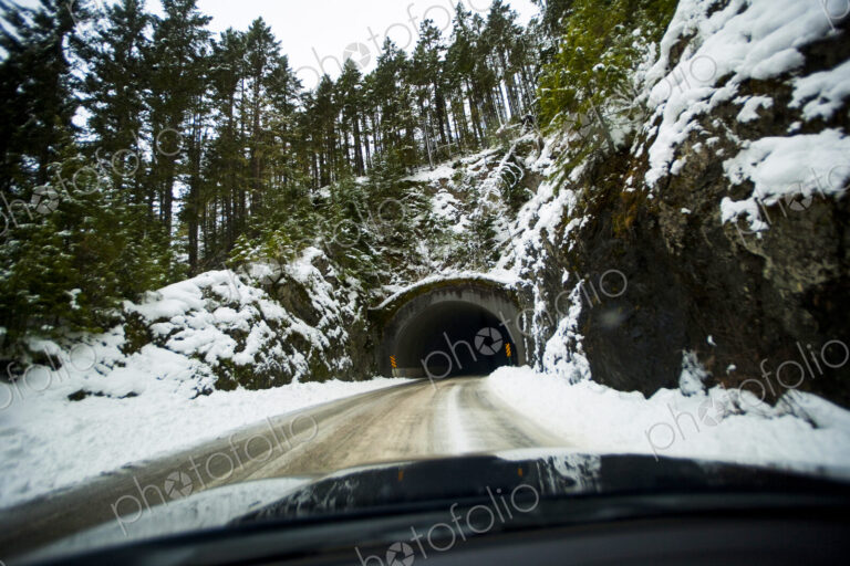 Icy Road to tunnel below Hurricane Ridge, Olympic National Park, Port Angeles