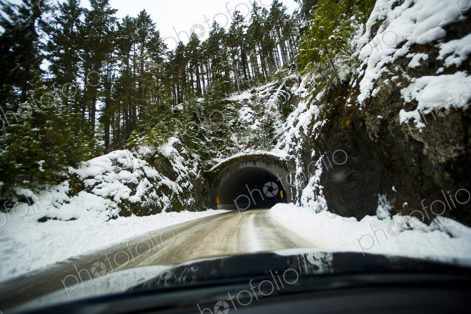 Icy Road to tunnel below Hurricane Ridge, Olympic National Park, Port Angeles