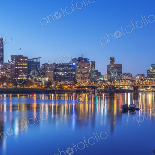 Illuminated buildings in Portland city skyline, Oregon, United States Illuminated buildings in Portland city skyline, Oregon, United States