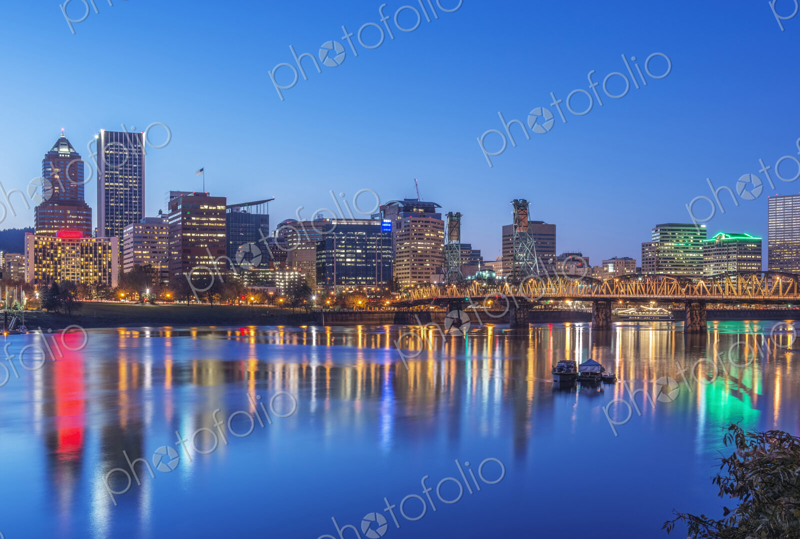 Illuminated buildings in Portland city skyline, Oregon, United States