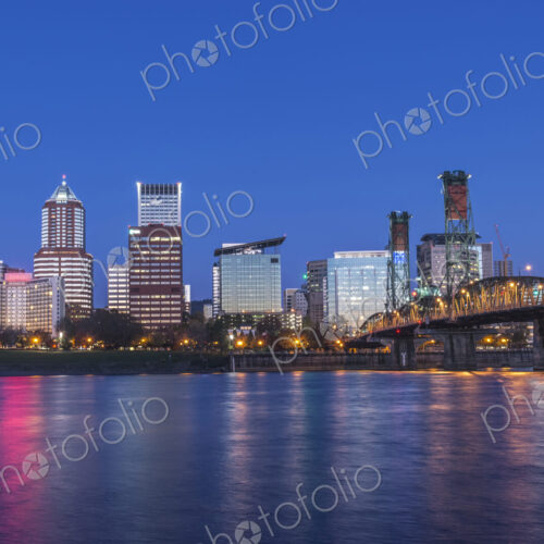 Illuminated buildings in Portland city skyline, Oregon, United States Illuminated buildings in Portland city skyline, Oregon, United States