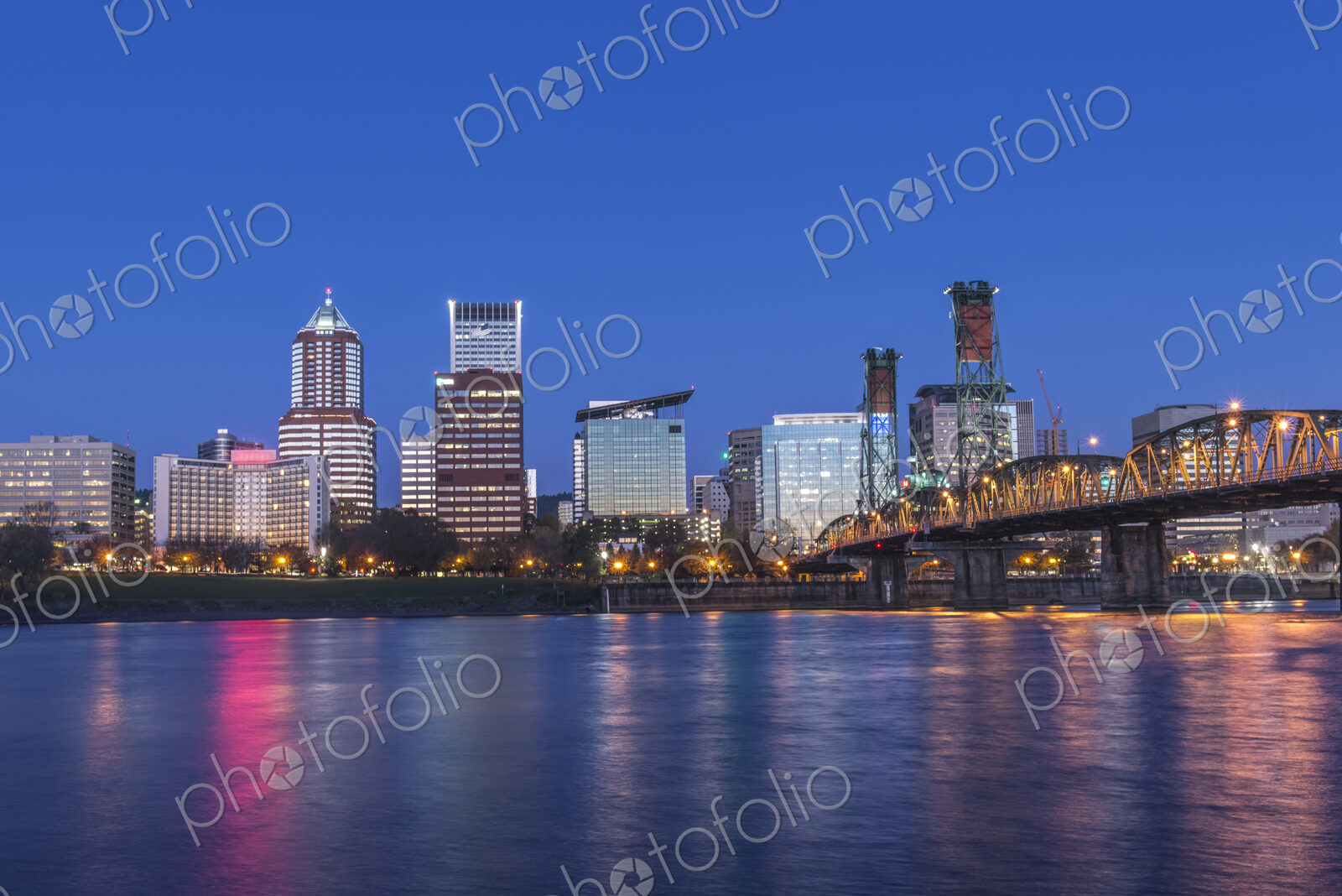 Illuminated buildings in Portland city skyline, Oregon, United States