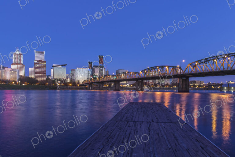 Illuminated buildings in Portland city skyline, Oregon, United States